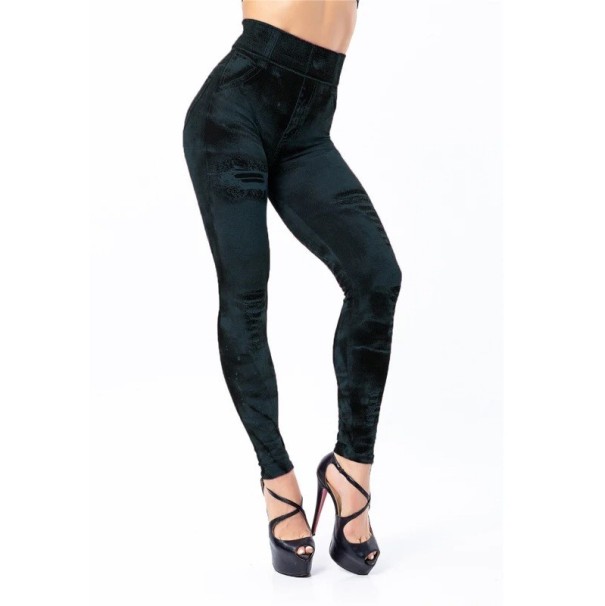 Dame push-up leggings med denimprint, højtaljede jeans-effektleggings, formende leggings, komfortable elastiske bukser til fritidsbrug sort S