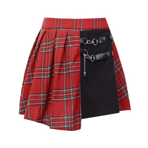 Dame rød mini nederdel med skotsk ternet mønster og plisseringer Sort sidepanel med dekorative bånd og karabiner Polyester og bomuld XS