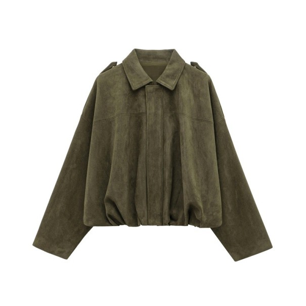 Dame ruskindsjakke Oversized snit Elegant frakke med opretstående krave Blødt materiale Stilfuldt overtøj til efterår og forår grøn S