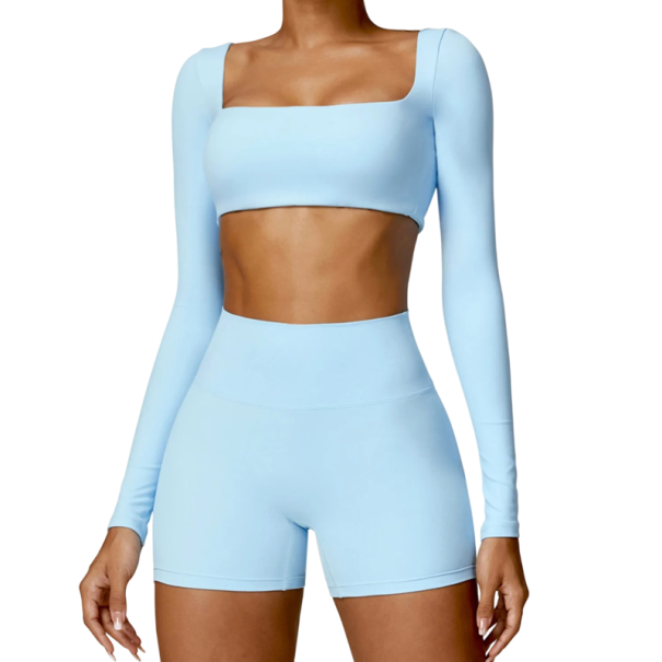 Dame sæt med shorts og crop top med lange ærmer, ensfarvet, spandex, nylon blå L