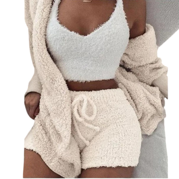 Dame sæt top, sweatshirt og shorts Plyset fluffy materiale af polyester Tre-delt sæt med hætte V-hals Justerbar talje Fritid og derhjemme cremefarvet M