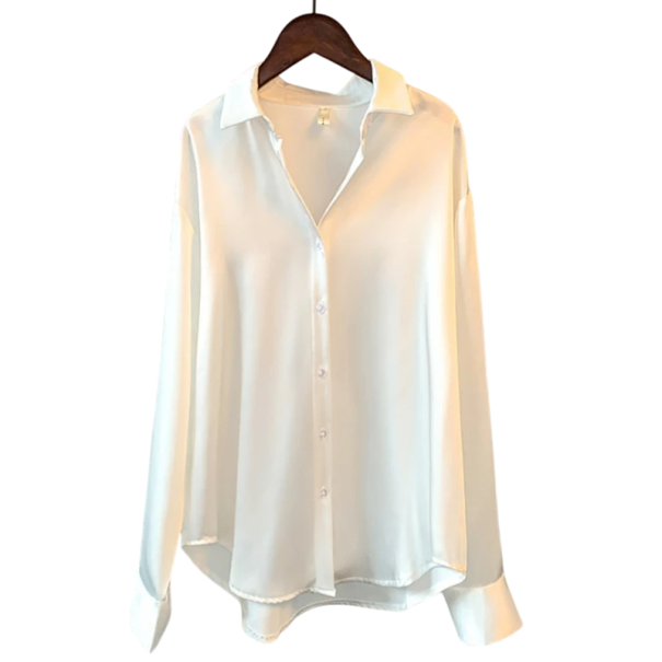 Dame satinbluse med lange ærmer Elegant skjorte Løs pasform Knaplukning Let, skinnende materiale til både dag og aften hvid M