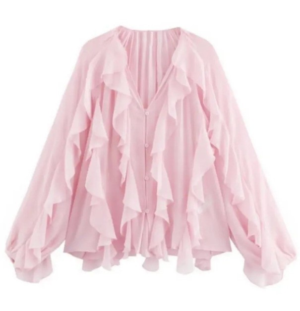 Dame skjorte langærmet V-hals Elegant skjorte med flæser Knaplukning Let stilfuld top til hverdagsbrug Polyester rosa XS