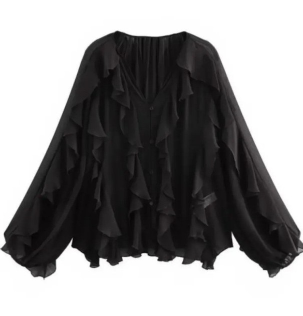 Dame skjorte langærmet V-hals Elegant skjorte med flæser Knaplukning Let stilfuld top til hverdagsbrug Polyester sort L