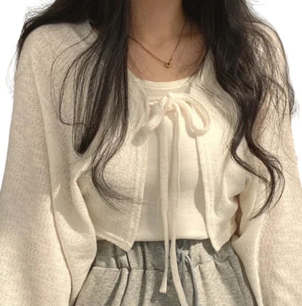 Dame sommer cardigan med lange ærmer og snøring Enfarvet let sweater af acetat, polyester og viskose Elegant overdel hvid