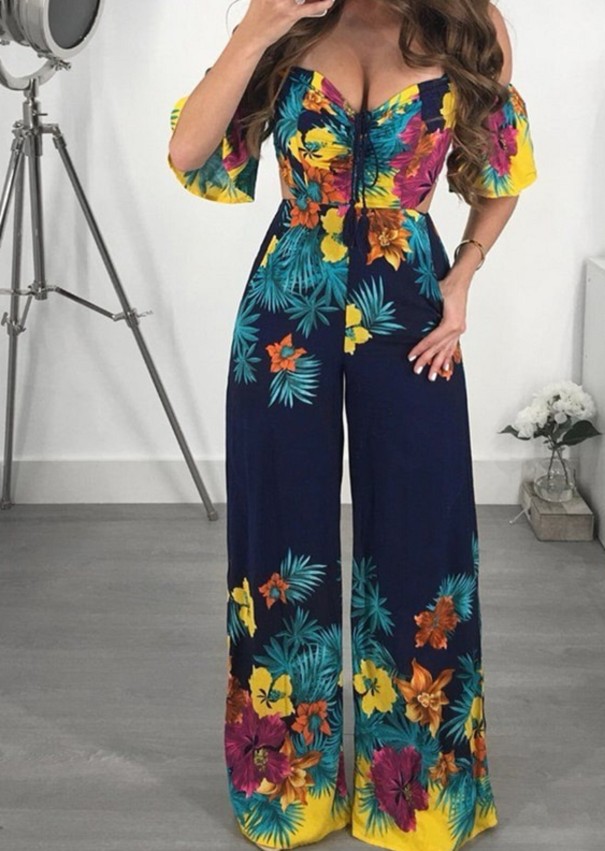 Dame sommerjumpsuit med bindebånd bagpå mørkeblå S