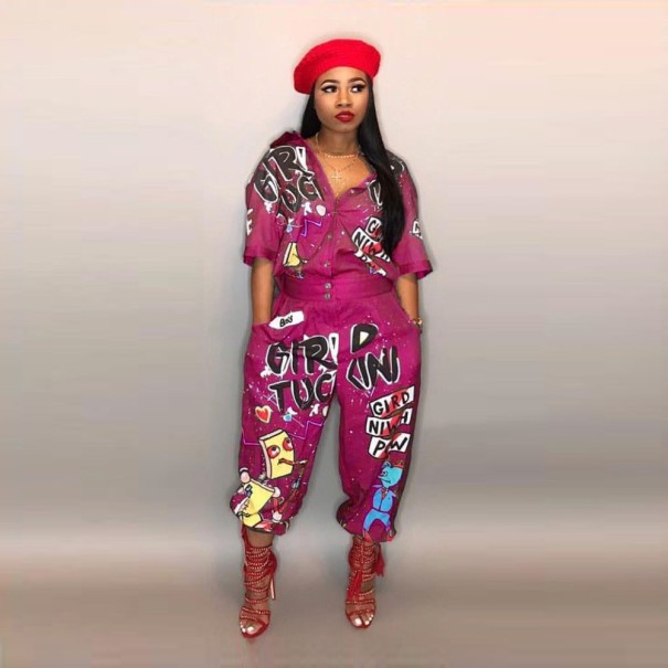 Dame sommeroveralls med print A2100 mørkerosa XS