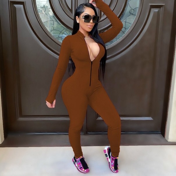 Dame sportsjumpsuit med lynlås brun S