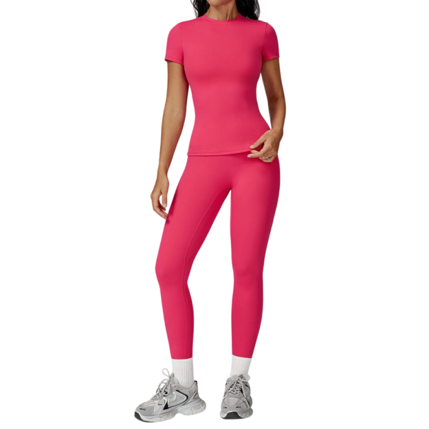 Dame Sportssæt med Leggings og T-shirt med Korte Ærmer, Ensfarvet, Nylon, Polyester, Behagelig og Stilfuld til Fitness rosa XS