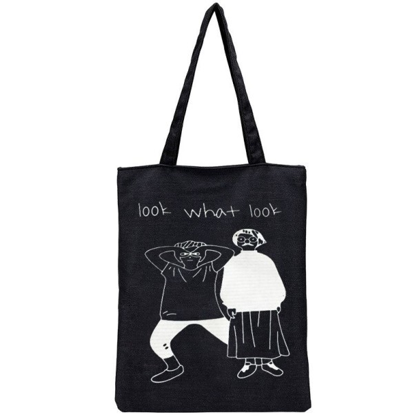 Dame stof taske med tryk af tegnet figurer Enkel taske med to lange håndtag Fremstillet af lærred og polyester Mål 34 x 39 cm sort 2