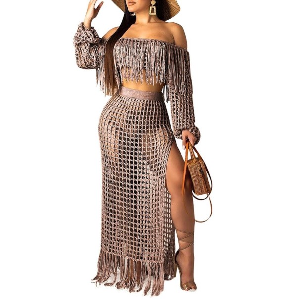 Dame strand crop top og nederdel B1088 kaffefarvet M