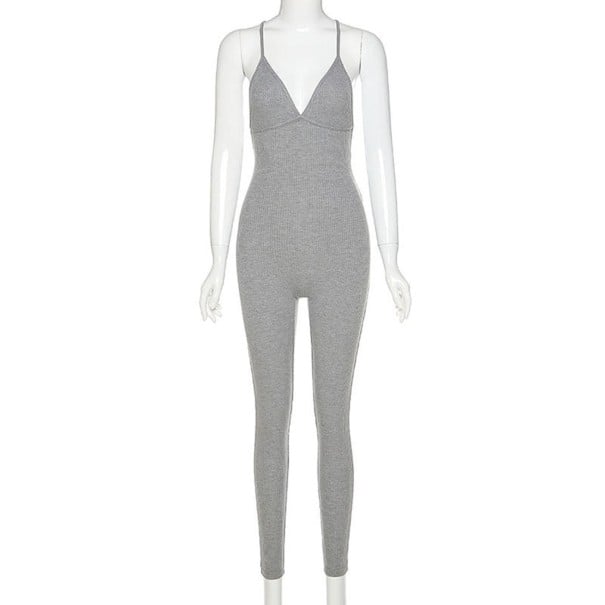 Dame strikket jumpsuit med åben ryg grå M