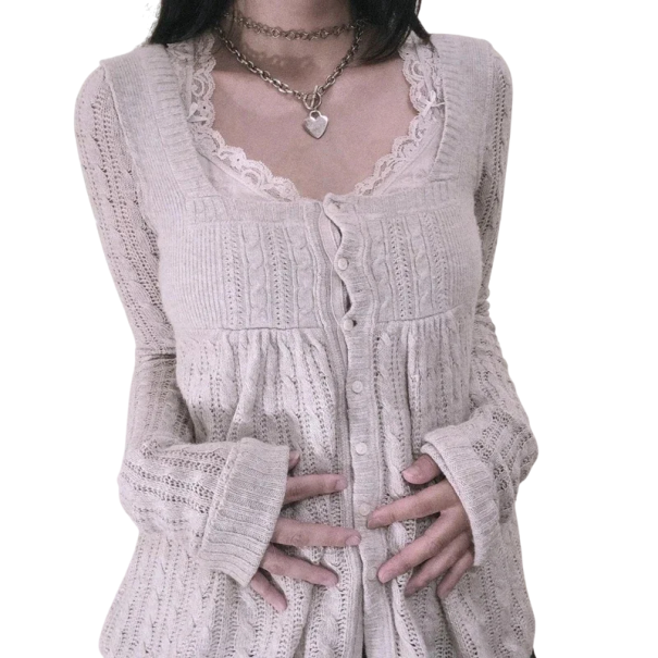 Dame Sweater med Blonder i V-udskæringen Halvknaplukning Elegant Ensfarvet Sweater med Lange Ærmer Forskellige Farver Polyester Bomuld beige M