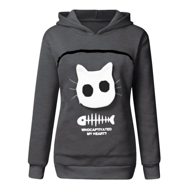 Dame sweatshirt med kattemotiv mørkegrå XL