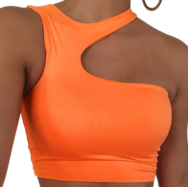 Dame T-shirt ensfarvet Asymmetrisk Crop top Rund hals Skulderstropper Polyester bomuld moderne sommer top orange XS