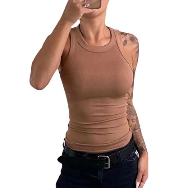 Dame T-shirt i bomuld med brede stropper Rund hals Enfarvet komfortabel top i naturlig bomuld til hverdagsbrug brun XL