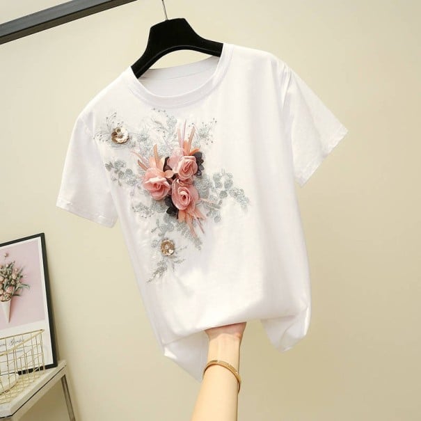 Dame T-shirt med 3D-blomster hvid L