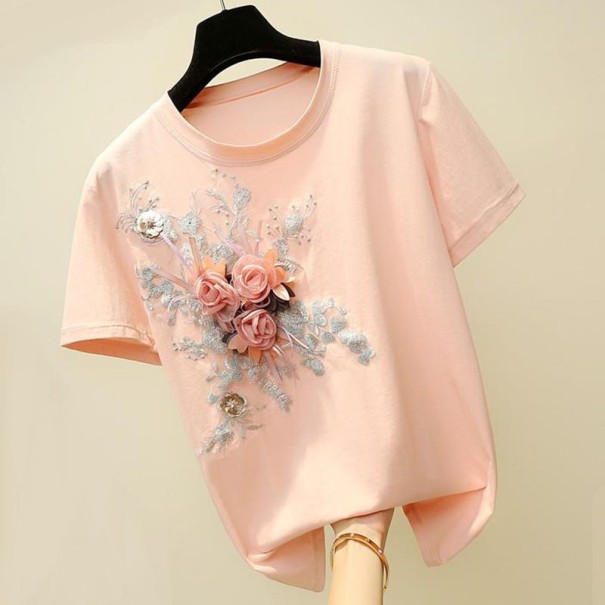 Dame T-shirt med 3D-blomster rosa S