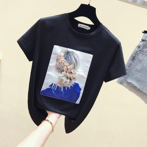Dame-T-shirt med 3D-hårmotiv sort M