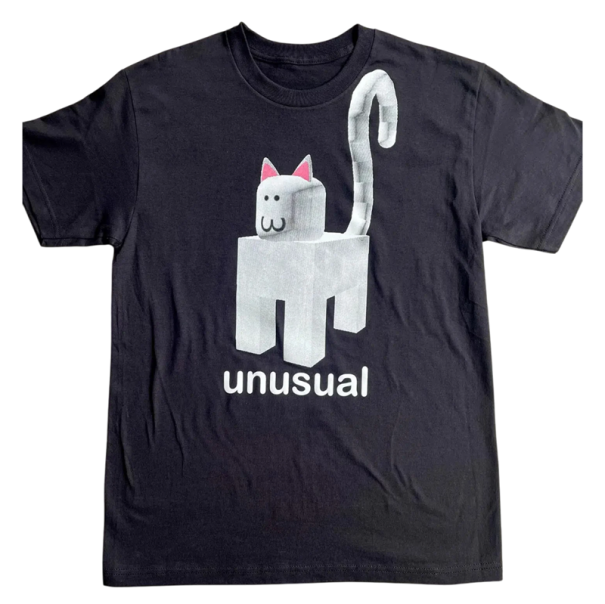 Dame-T-shirt med 3D-pixelkatteprint og teksten "Usædvanlig sjov T-shirt med et originalt design". Behagelig T-shirt til fritid og hverdagsbrug. sort S
