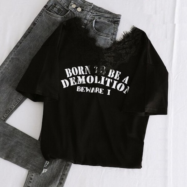 Dame T-shirt med blondeprint sort XXL