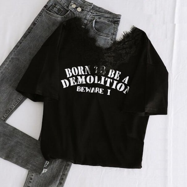 Dame T-shirt med blondeprint sort XL