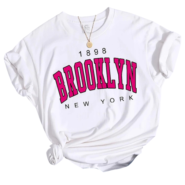 Dame T-shirt med Brooklyn New York 1898-print Kortærmet Løs pasform Moderigtig afslappet stil Blødt og behageligt materiale til daglig brug hvid XS