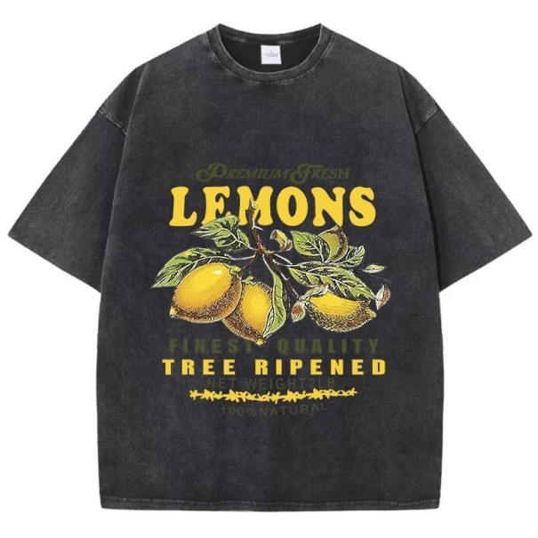 Dame T-shirt med citronprint Oversize model Vintage-skrift Premium Fresh Behagelig pasform Streetwear Kortærmet T-shirt sort L