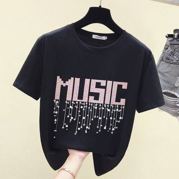 Dame T-shirt med dekoration og musikprint sort L