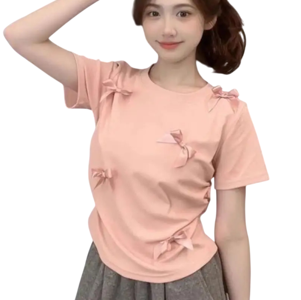 Dame T-shirt med dekorative sløjfer Elegant løs pasform Korte ærmer Blødt materiale Stilfuld detalje til hverdagsbrug rosa L