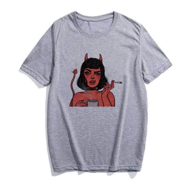 Dame T-shirt med djævleprint B353 grå L 1