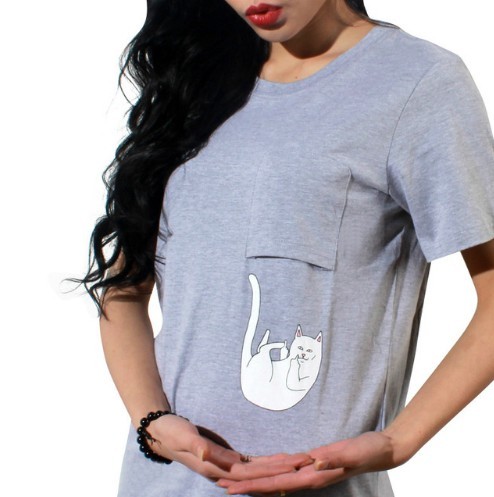 Dame T-shirt med faldende kat J1796 grå S