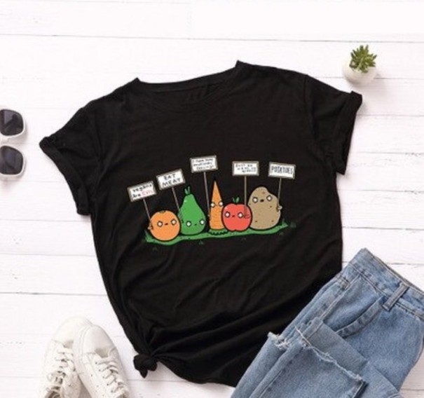 Dame T-shirt med grøntsagsprint sort L