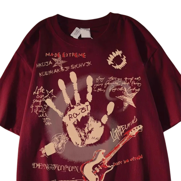 Dame T-shirt med guitar- og håndtryk Streetwear-top med korte ærmer Rund hals Moderigtig rockstil til fritid og koncerter rød XXL