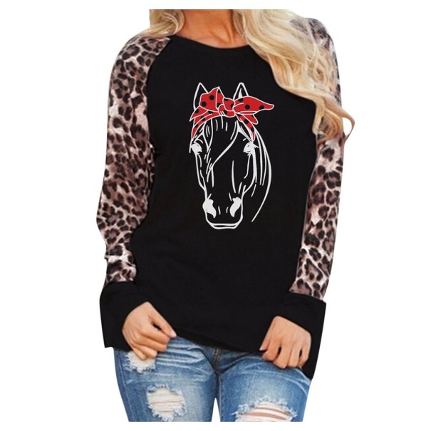 Dame T-shirt med hesteprint B349 sort 4XL