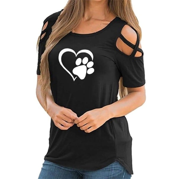 Dame T-shirt med hjerte- og poteprint sort S