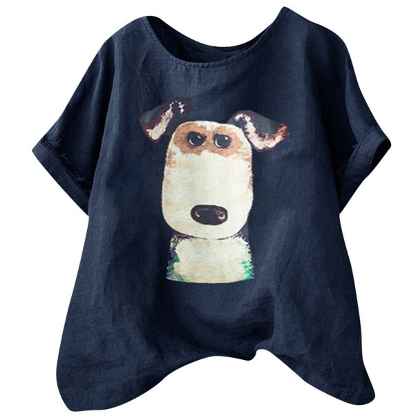 Dame T-shirt med hundeprint mørkeblå XL