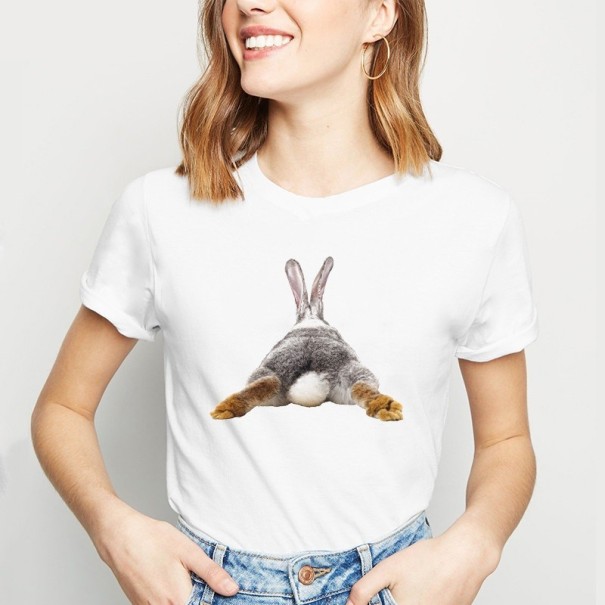 Dame T-shirt med kaninprint B376 hvid XS