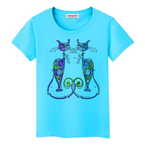 Dame T-shirt med katteprint B385 blå XL 1