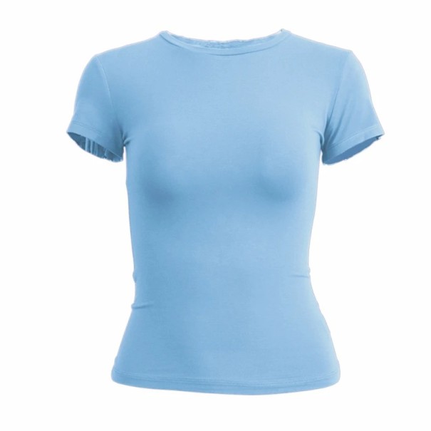 Dame T-shirt med korte ærmer, tætsiddende elastisk top med rund hals, moderne ensfarvet T-shirt, slim fit, moderigtigt tøj blå XS