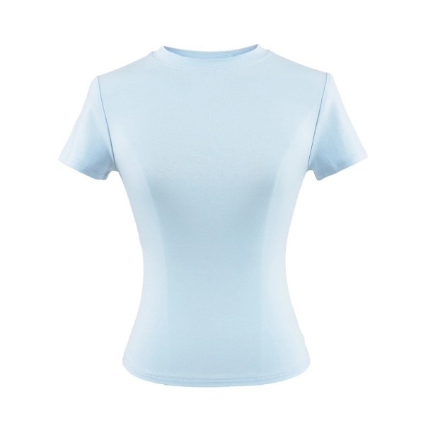 Dame T-shirt med korte ærmer, tætsiddende, enkel rund halsudskæring, elegant elastisk top til afslappet brug, moderigtig T-shirt med slim fit lyseblå S