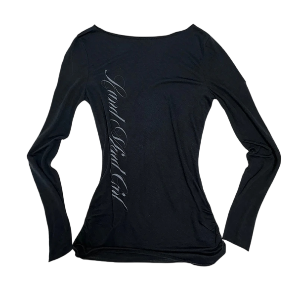 Dame T-shirt med lange ærmer, tætsiddende pasform, blødt elastisk materiale, elegant print på ryggen, behagelig top til arbejde og fritid. sort S