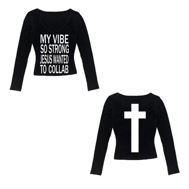 Dame T-shirt med lange ærmer, V-hals og streetwear, kristent motivprint foran og kors bagpå - Stilfuld Faith in Fashion sort S