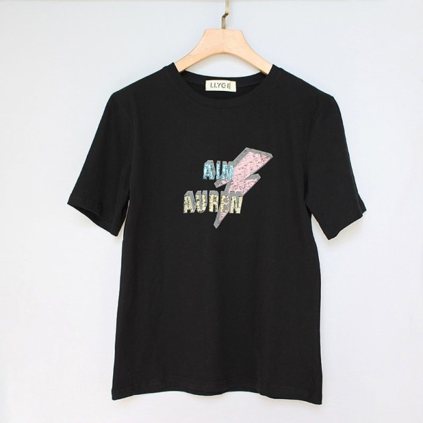 Dame T-shirt med lyn sort