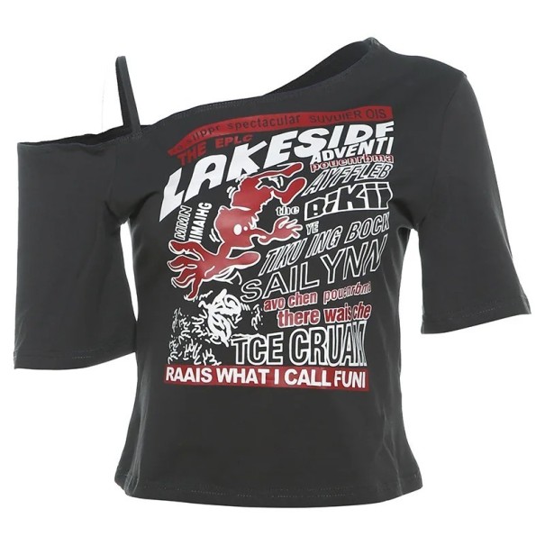 Dame T-shirt med off-shoulder-motiv Løs pasform Stilfuldt print Streetwear-motiv Moderigtig top med asymmetrisk halsudskæring Sommer afslappet mode grå L