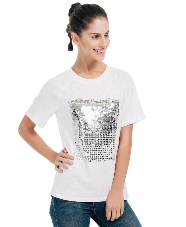 Dame T-shirt med pailletter A1232 hvid XL