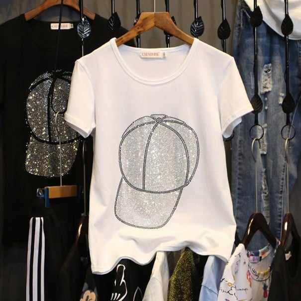 Dame T-shirt med pailletter hvid XL