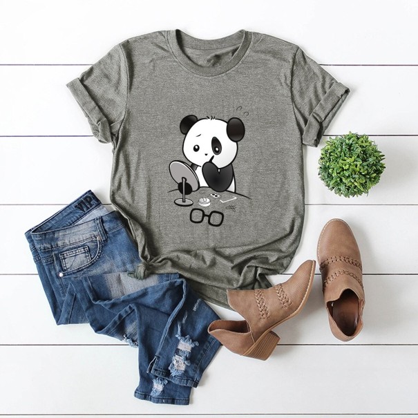 Dame T-shirt med pandaprint B373 grå M