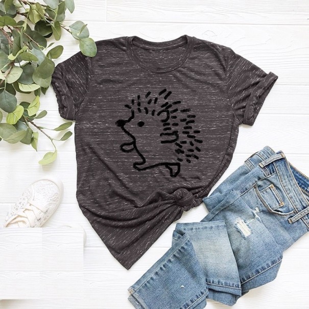 Dame-T-shirt med pindsvineprint mørkegrå 3XL