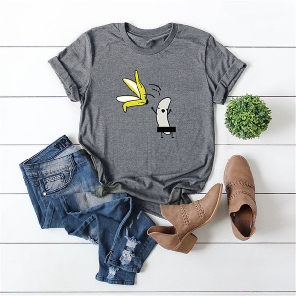 Dame T-shirt med sjovt bananprint grå XL